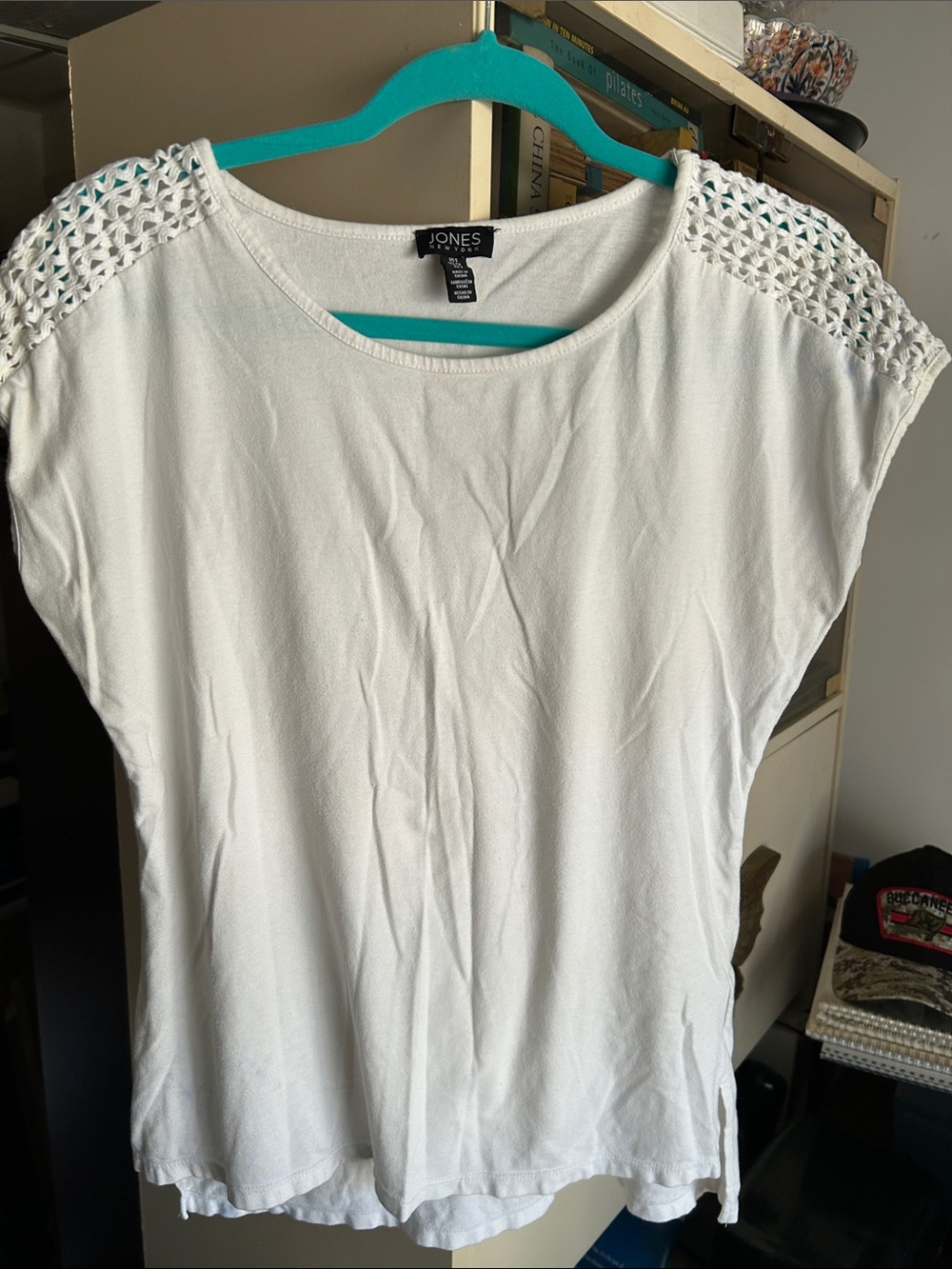 Jones New York White Short-Sleeve Top with Crochet Shoulders
